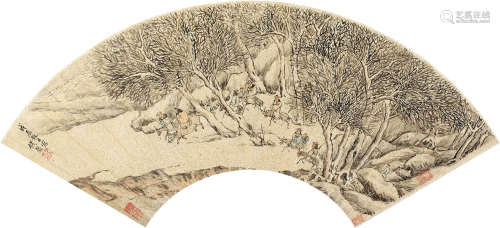 钱谷 戊辰（1568）年作 秋日行旅 设色金笺 扇面