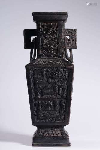 Qing Dynasty, carved copper chi dragon square bottle