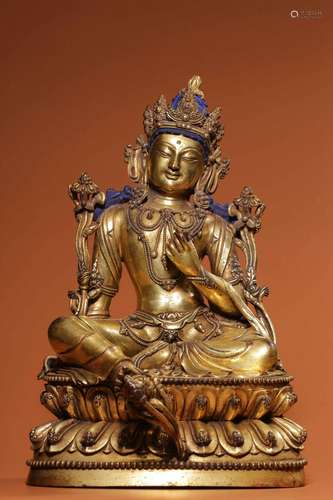 Qing Dynasty, gilded bronze free sitting statue of Guanyin
B...