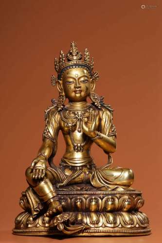 Qing Dynasty gilded bronze sitting statue of free Guanyin