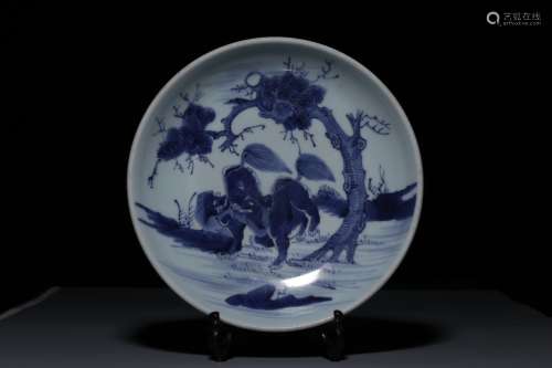 Qing Dynasty, blue and white double lion grain plate