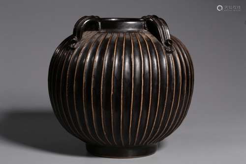 Song Dynasty, black glaze 100 stripes four ear-shaped pot