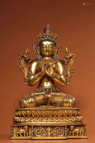 Qing Dynasty, copper gilt gold Baobao embedded Guanyin sitti...