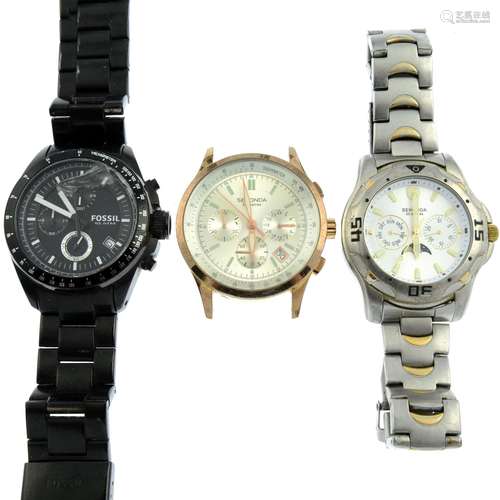 A bag of assorted chronograph watches, to include examples b...