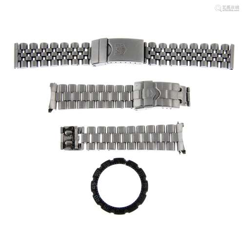 TAG HEUER - two stainless steel watch bracelets and a plasti...