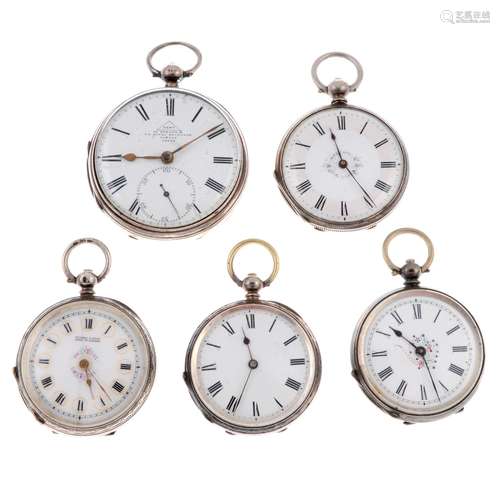 A group of five assorted silver pocket watches.