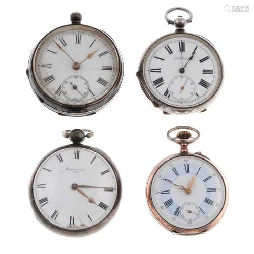 A group of four assorted silver pocket watches.