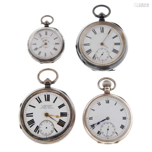 A group of four assorted silver pocket watches.