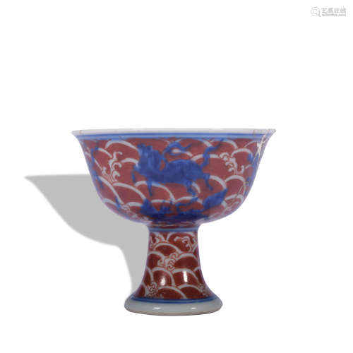 An underglaze-blue and copper-red stem bowl