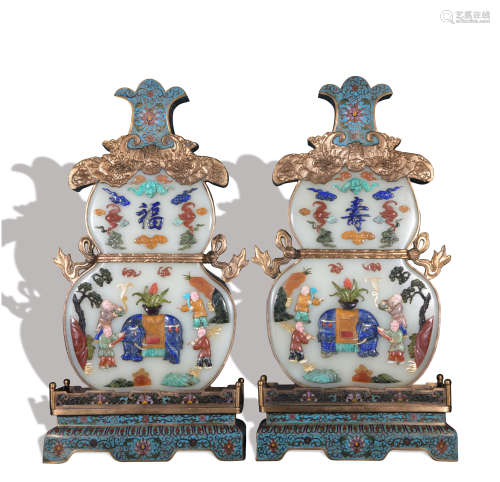 A pair of Cloisonne jade gourd-shaped vase