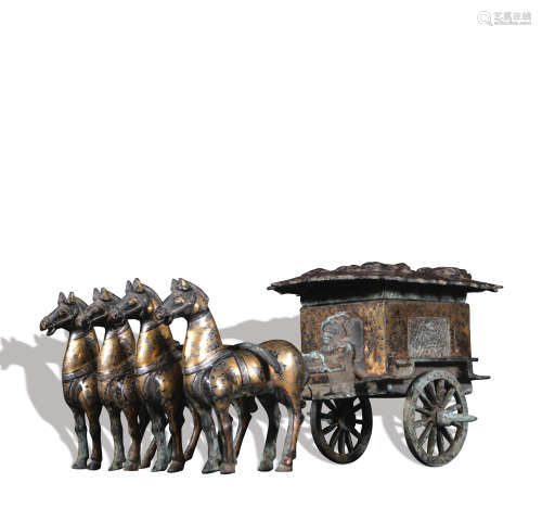 A bronze Horse drawn cart ware with gold and silver