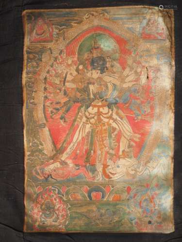 Thangka en polychromie sur toile représentant la divinité ta...