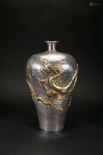 Silver Gilding Pulm Vase With Single Dragon Pattern From Yua...