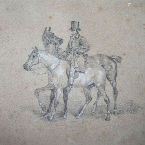Ecole du XIXe siècle Cavalier et ses chevaux. Mine de plomb ...
