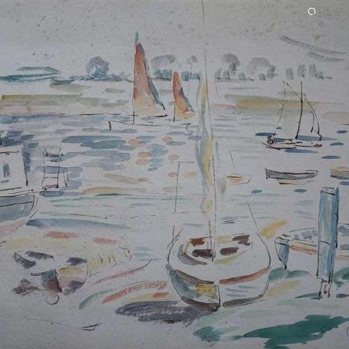 Ecole française du XXe siècle Vue d'un port. Aquarelle porta...