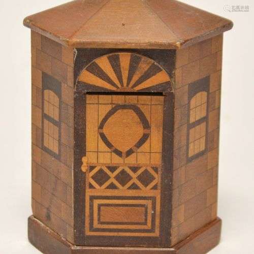 TIRE-LIRE en bois en marqueté en forme de petit kiosque hexa...