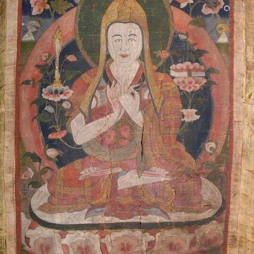 Important thangka de Tsongkhapa, en polychromie sur toile, r...