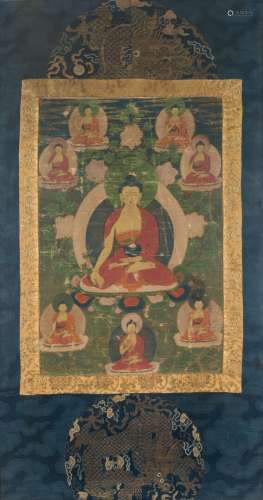 Tangka sur toile représentant Bouddha assis en samadi sur un...