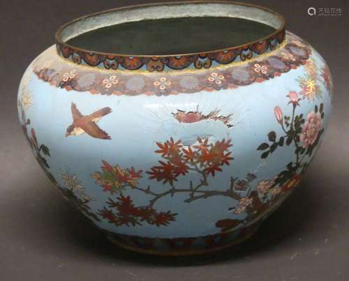 Vasque ou cache-pot en émaux cloisonnés sur cuivre à décor d...