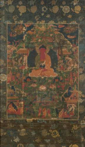 Tangka sur toile représentant Cakaiamuni assis sur un lotus ...