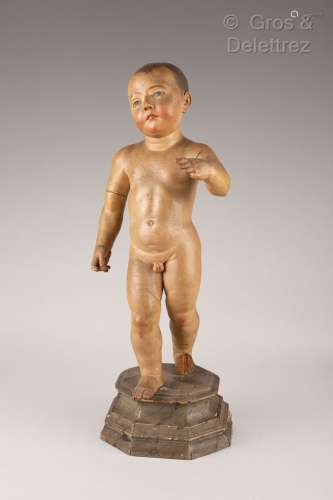 Sculpture en bois polychrome figurant l enfant Jésus marchan...