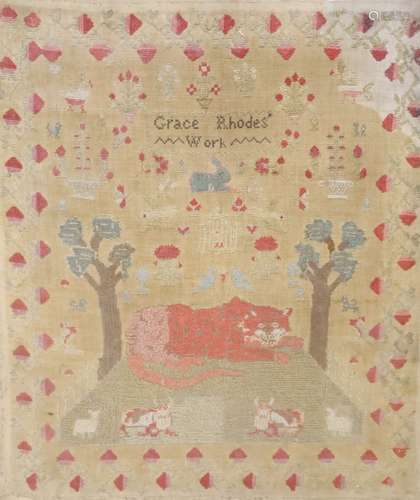 A Victorian needlework sampler by Grace Rhodes, framed, over...