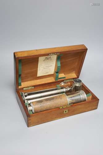 A Victorian mahogany cased silver plated telescope and stand...