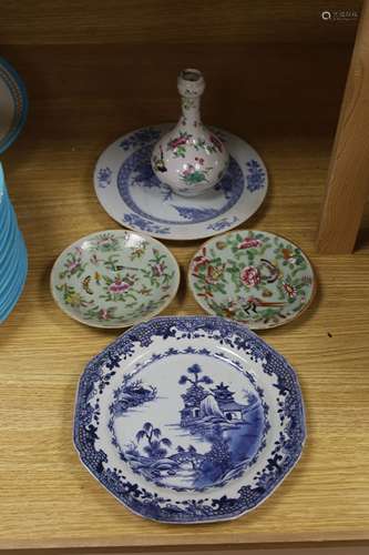 Two Chinese blue and white dishes, a famille rose vase and t...