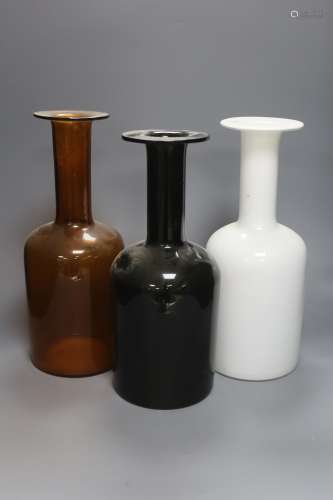 Three Holmgaard glass bottle vases, tallest 37cm