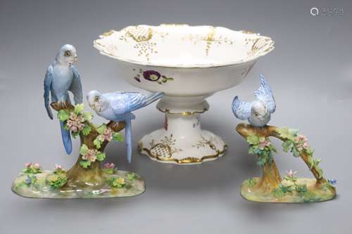 Two Crown Staffordshire budgerigar groups by J.T. Jones, and...