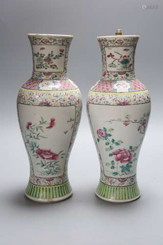 A pair of 19th century Chinese famille rose vases- ex lamp b...