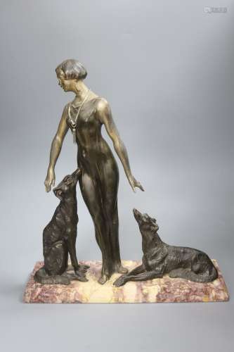 A Spelter Art Deco figure of a dog and borzoi, on a marble b...