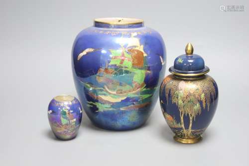 Two Crown Devon lustre ware jars together with a similar Car...