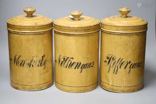 Kitchenalia - Three German painted metal storage jars, heigh...