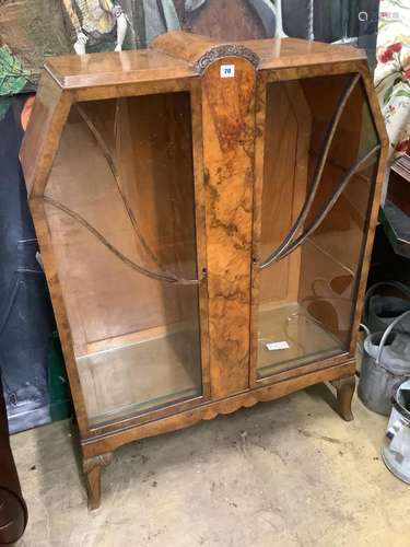 An Art Deco burr walnut display cabinet, width 90cm depth 36...