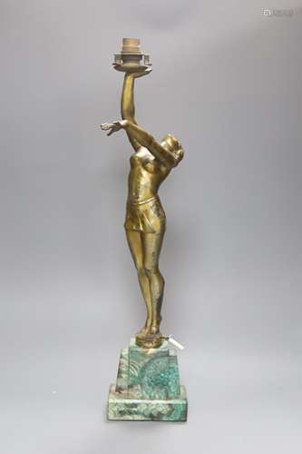 An Art Deco spelter figural table lamp, overall height 56cm