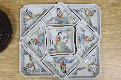 A Chinese famille rose nine piece supper set