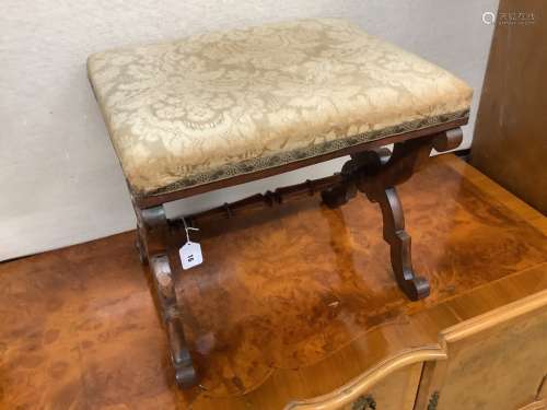 A Victorian rosewood X frame stool, width 46cm depth 40cm he...