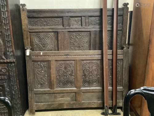A carved oak double bedframe made from old timber, width 136...