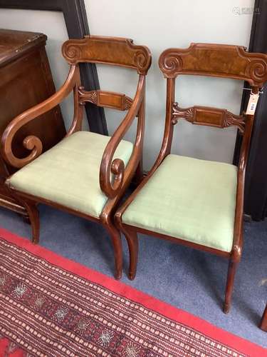 A set of six George V mahogany sabre leg dining chairs (two ...