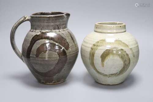 Clare Sutcliffe. A pottery jug and a similar vase, tallest 2...