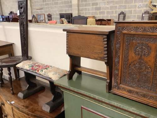A carved spinning stool, a chip carved cupboard and two furt...