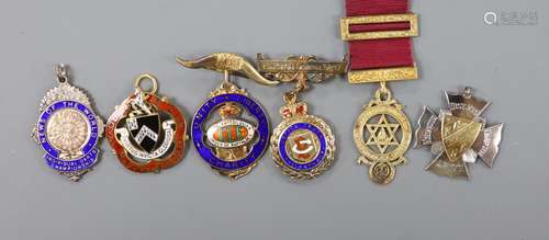 Six assorted silver or silver gilt masonic jewels, some with...