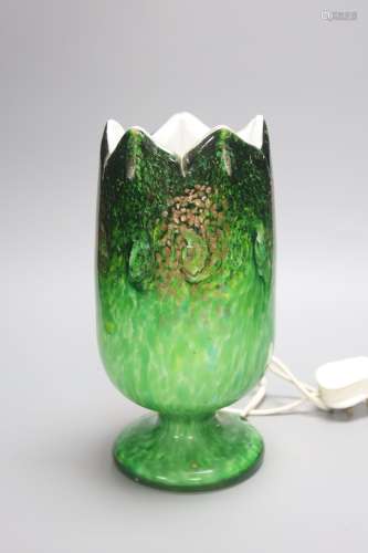 A green and gold fleck Vasart glass lamp, height 27cm