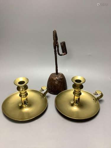 A pair of Regency brass ejector chambersticks (lacking snuff...