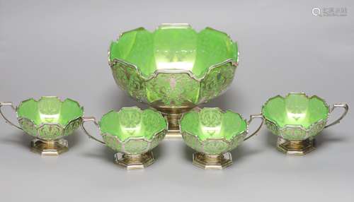 A George VI silver and green glass dessert set by Mappin & W...