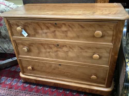 A Victorian satin birch three drawer chest, width 112cm dept...
