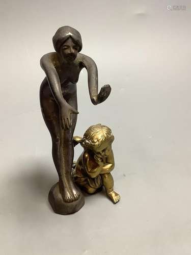 A car mascot of a lady, height 17cm, and a bronze cherub