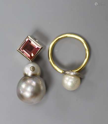 A modern 585 white metal, baroque pearl and pink tourmaline ...