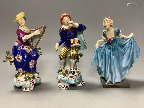 A Doulton porcelain figure, 'Delight' and a pair of continen...